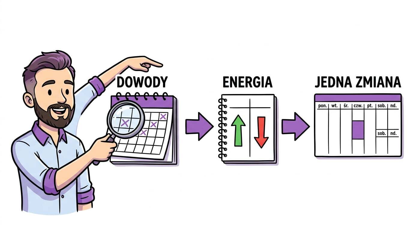 Trzy ćwiczenia po teście Gallupa: dowody z kwartału, dwie kolumny energii, jedna zmiana w kalendarzu