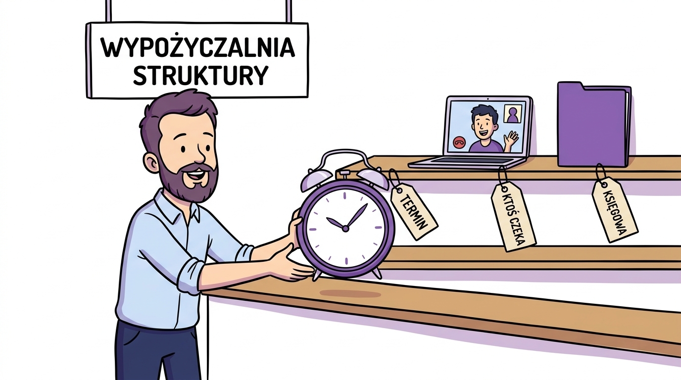 Struktura z zewnątrz dla przedsiębiorcy z ADHD — termin, osoba, która czeka na wynik, i księgowa jako wypożyczone wsparcie