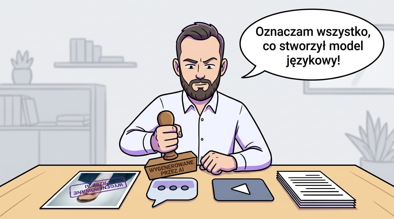 Oznaczanie treści AI — zdjęcie, chatbot, wideo i tekst z pieczątką WYGENEROWANE PRZEZ AI