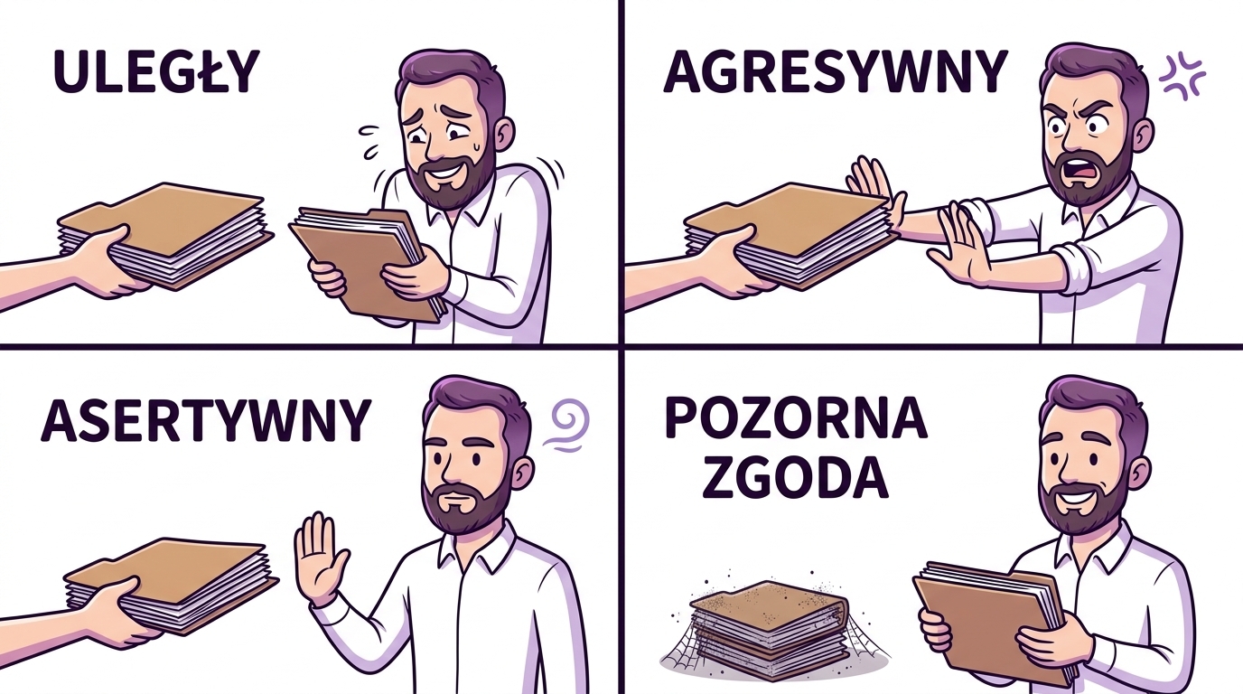 Cztery tryby reakcji na prośbę: uległy, agresywny, asertywny i zgoda z opóźnioną realizacją