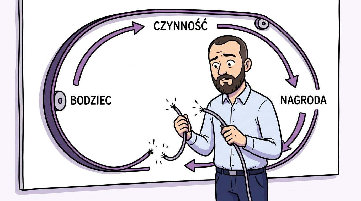 Pętla nawyku bodziec-czynność-nagroda z przerwanym połączeniem zwrotnym od nagrody do bodźca