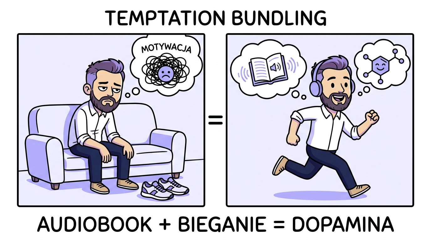 Ilustracja temptation bundling: połączenie audiobooka z bieganiem tworzy pętlę dopaminową