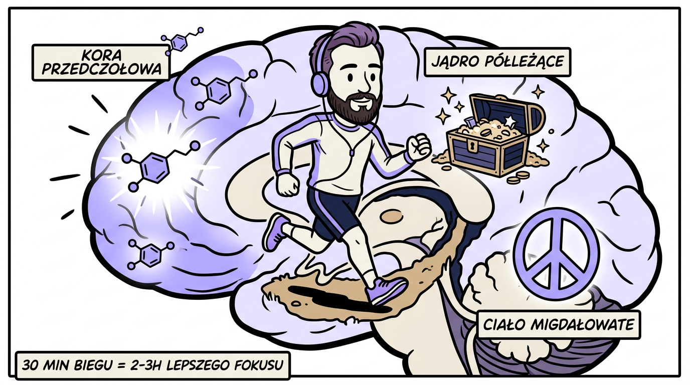Mapa wpływu biegania na mózg: kora przedczołowa, jądro półleżące, ciało migdałowate — 30 min biegu = 2-3h lepszego fokusu