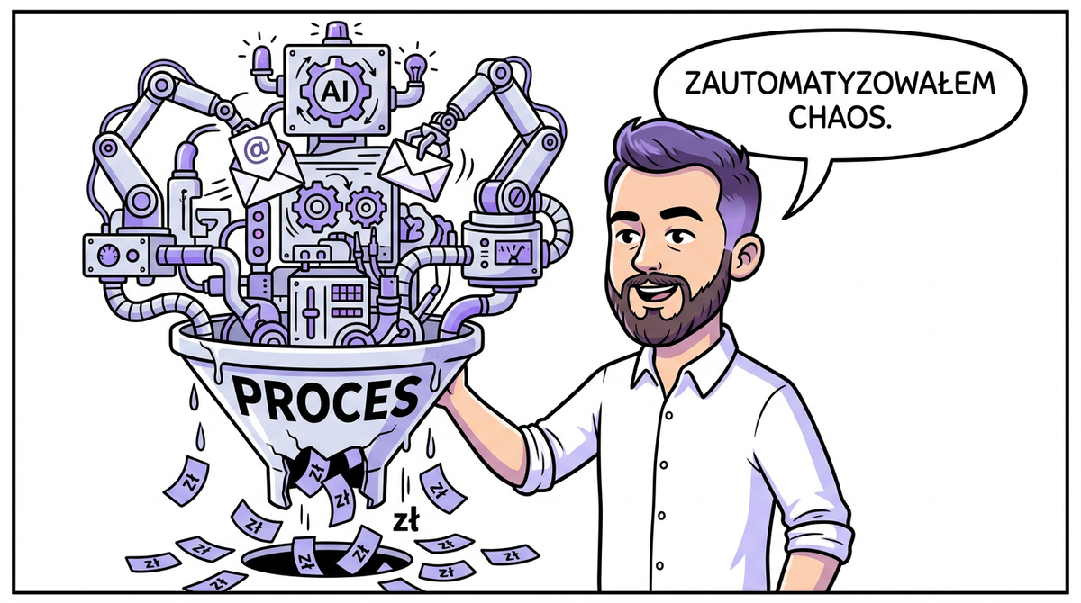 Szymon przy maszynie marketing automation z dziurawym lejkiem PROCES