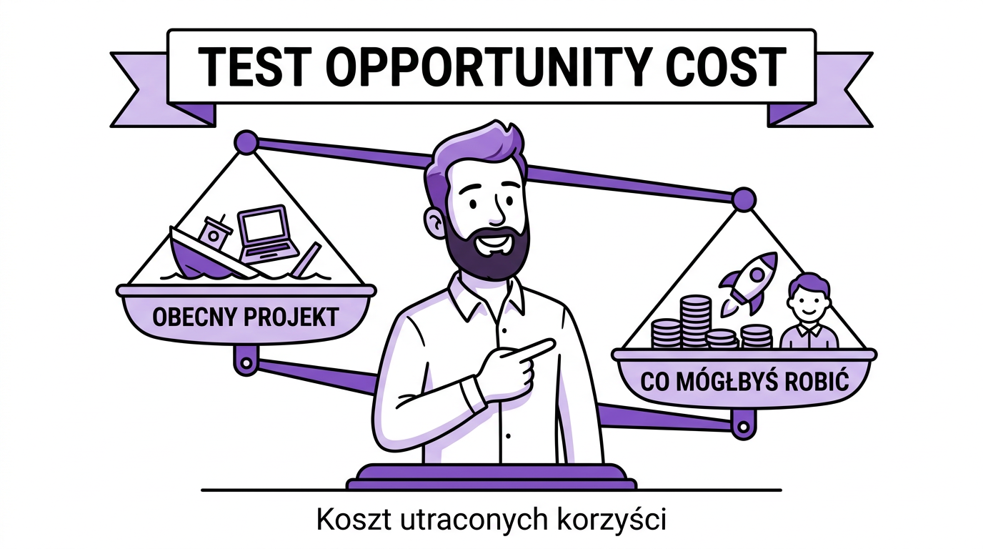 Waga porównawcza — z lewej tonący obecny projekt, z prawej alternatywy ważące więcej: pieniądze, rakieta, zadowolony klient. Koszt utraconych korzyści
