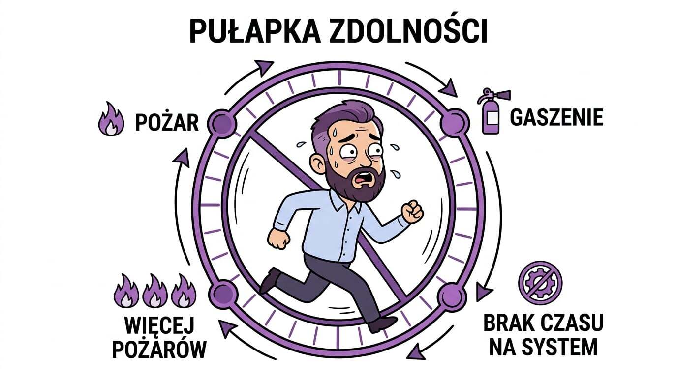 Diagram pułapki zdolności: pożar, gaszenie, brak czasu na system, więcej pożarów — błędne koło, w którym biegnie zmęczony przedsiębiorca