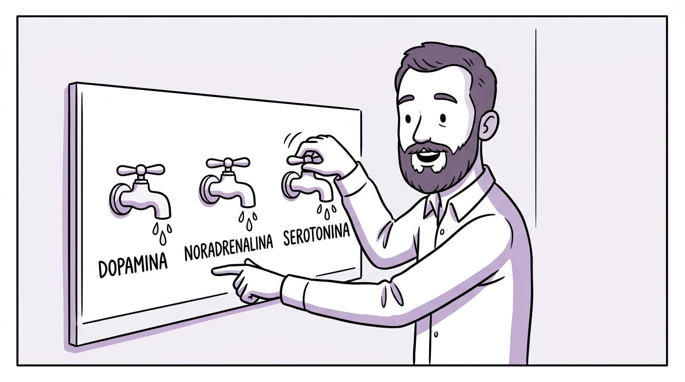 Trzy kraniki symbolizujące dopaminę, noradrenalinę i serotoninę, wszystkie odkręcone jednocześnie
