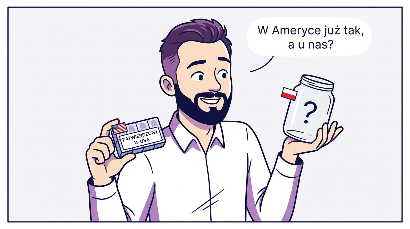 Szymon trzyma pudełko leku zatwierdzonego w USA i pusty słoik ze znakiem zapytania i polską flagą