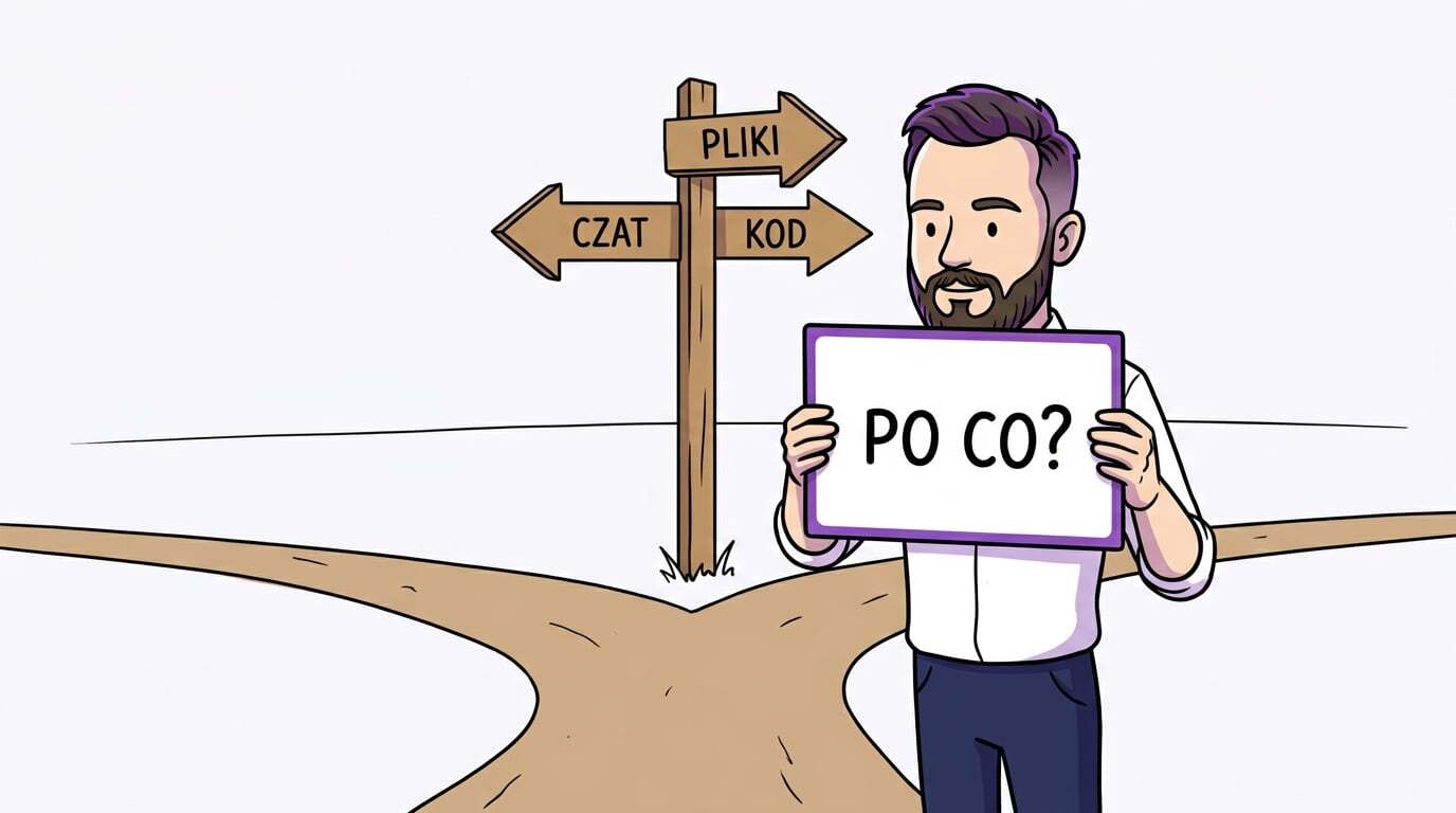 Postać na rozdrożu ze znakiem drogowym czat, pliki, kod, trzymająca kartkę z pytaniem po co