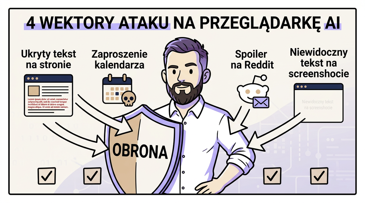 Cztery wektory ataku na przeglądarkę AI — ukryty tekst, zaproszenie kalendarza, spoiler na Reddit, niewidoczny tekst