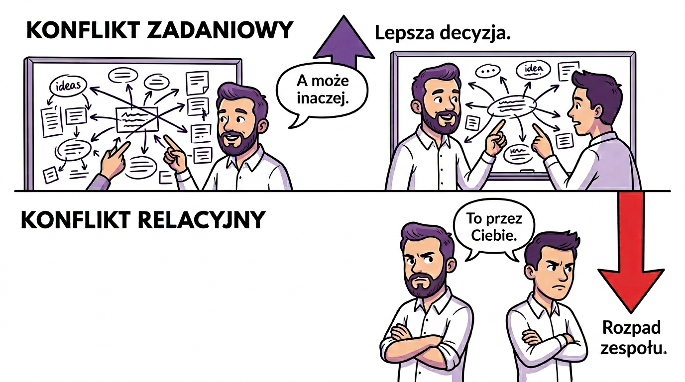 Porównanie konfliktu zadaniowego i konfliktu relacyjnego w zespole — lewy panel pokazuje konstruktywną dyskusję przy whiteboardzie, prawy panel pokazuje personalne starcie i rozpad zespołu