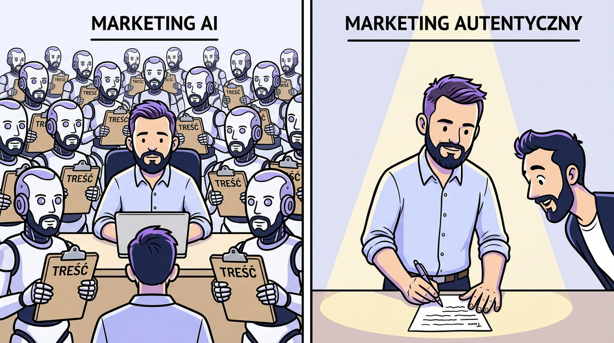 Ilustracja: porównanie masowej produkcji treści AI z autentycznym, ręcznym podejściem do content marketingu
