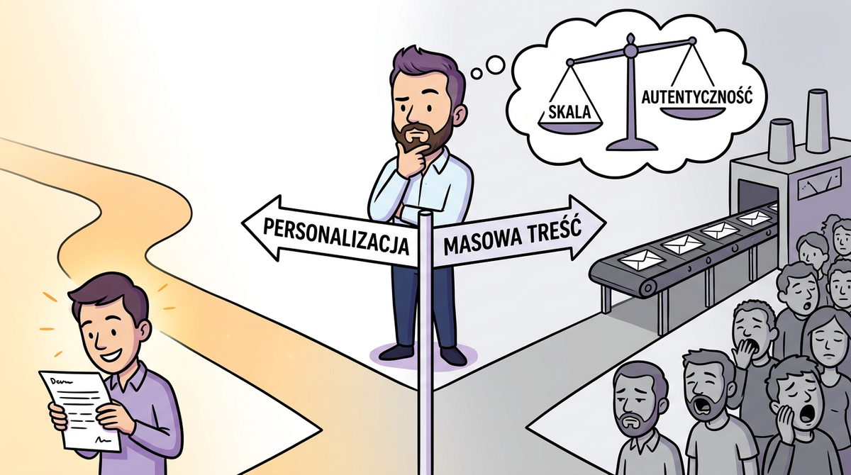 Ilustracja: skrzyżowanie dróg — personalizacja treści vs masowa produkcja, wybór między skalą a autentycznością