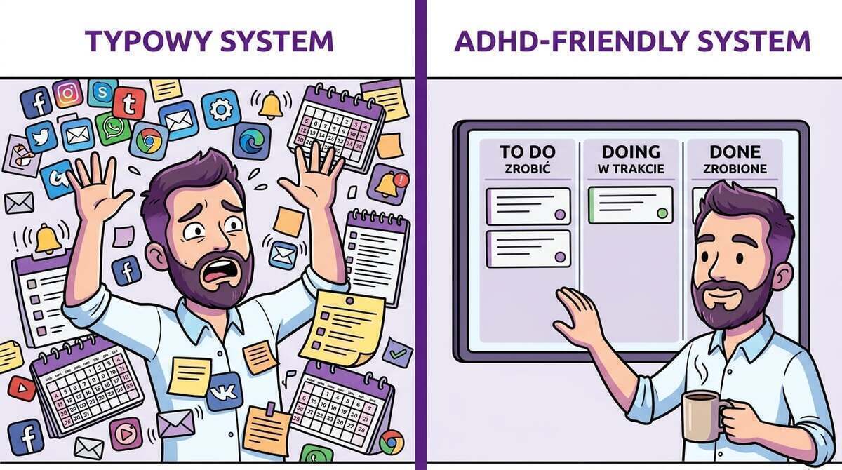 Porównanie typowego systemu pracy z systemem ADHD-friendly — od chaosu do prostoty
