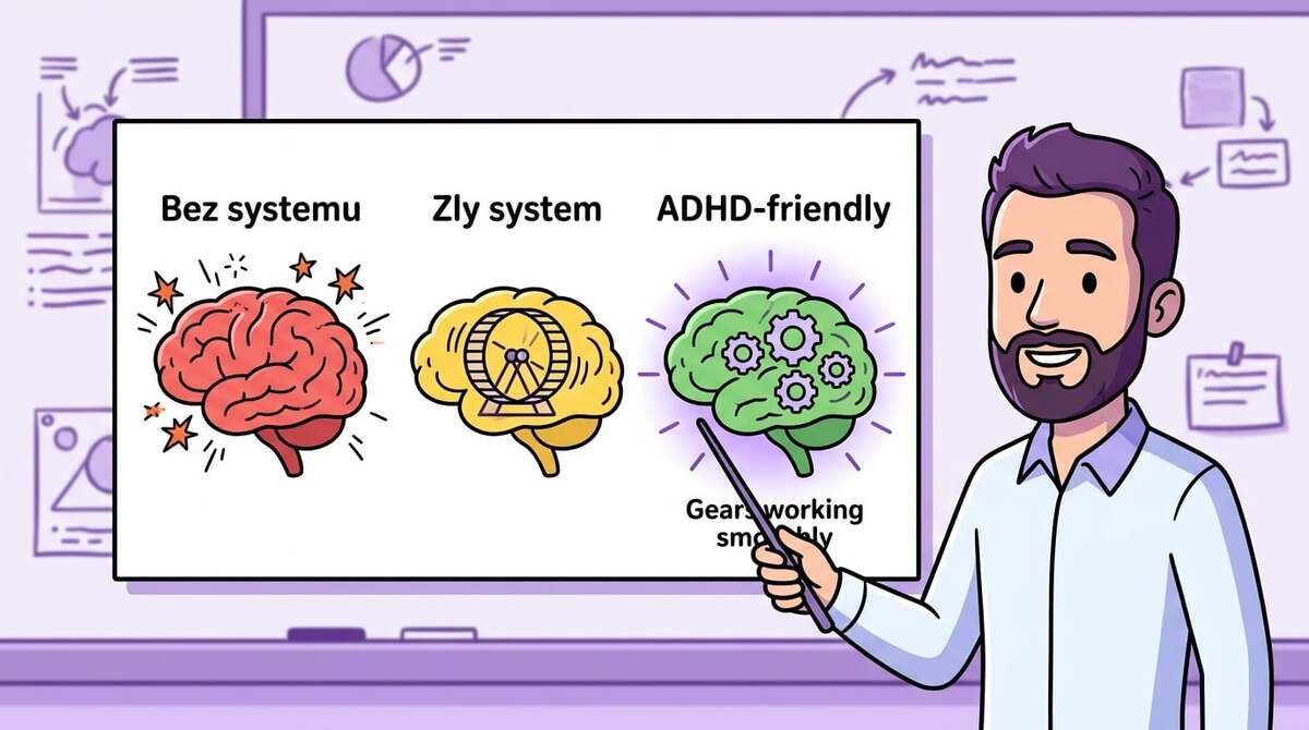 Trzy mózgi — bez systemu, zły system, ADHD-friendly system pracy