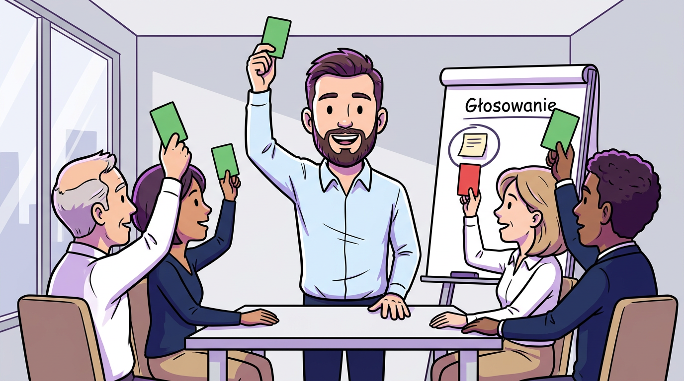 Zespół Design Thinking z pięciu osób podczas głosowania nad pomysłem przy tablicy