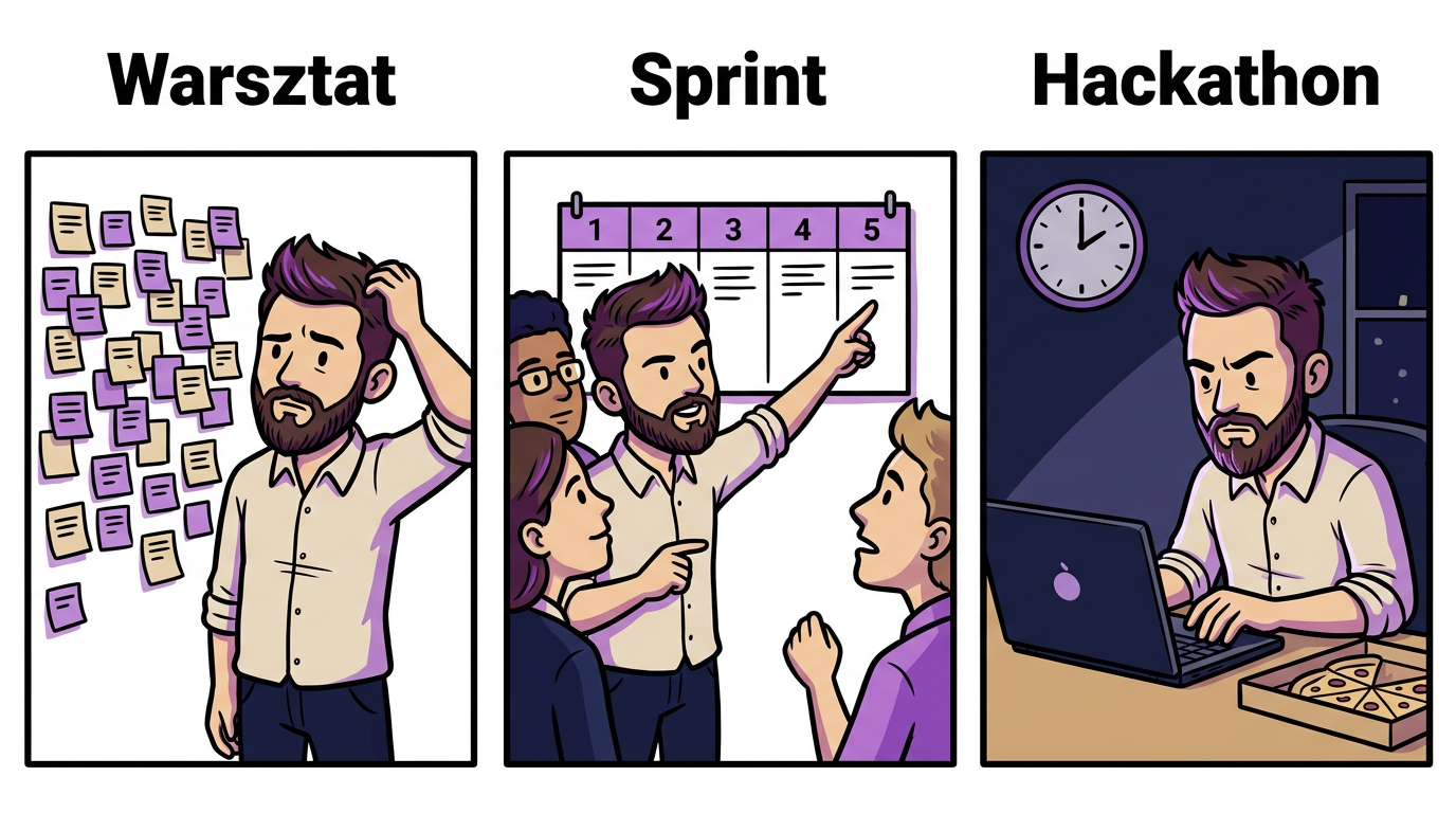 Formaty Design Thinking: jednodniowy warsztat, pięciodniowy sprint i hackathon