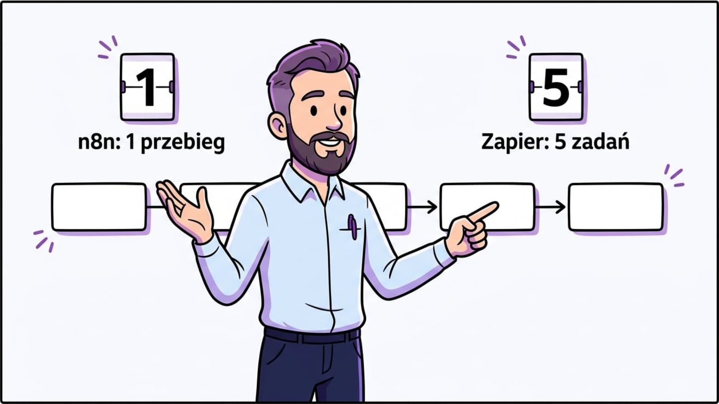n8n a Zapier — jednostka rozliczeniowa: ten sam scenariusz z pięciu kroków to jeden przebieg albo pięć zadań