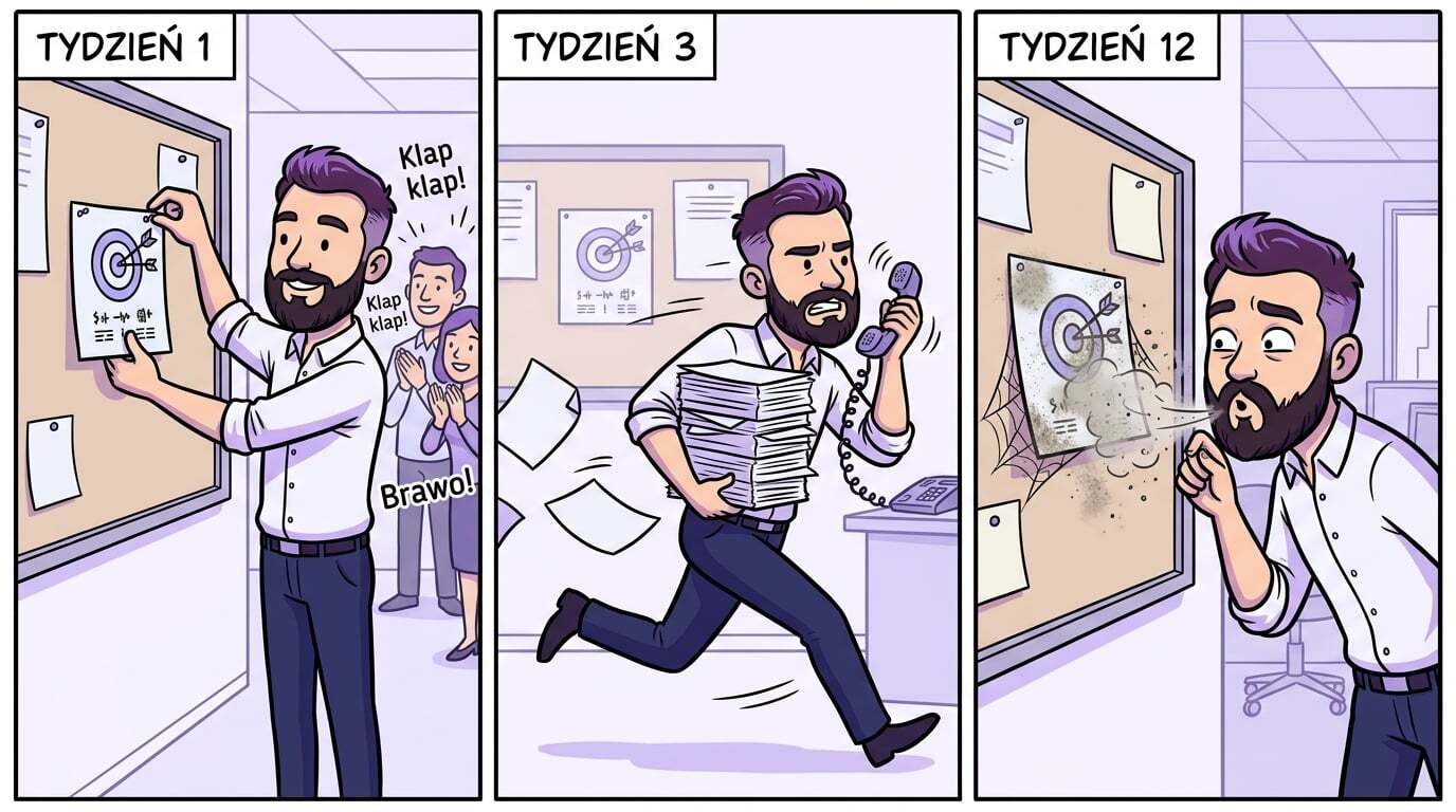 Porażka OKR w trzecim tygodniu kwartału — cel przypięty na tablicy w pierwszym tygodniu, zakurzony w dwunastym