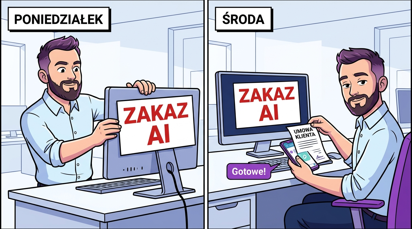 Shadow AI w firmie — zakaz AI na komputerze służbowym, a umowa klienta wklejana do czatu na prywatnym telefonie
