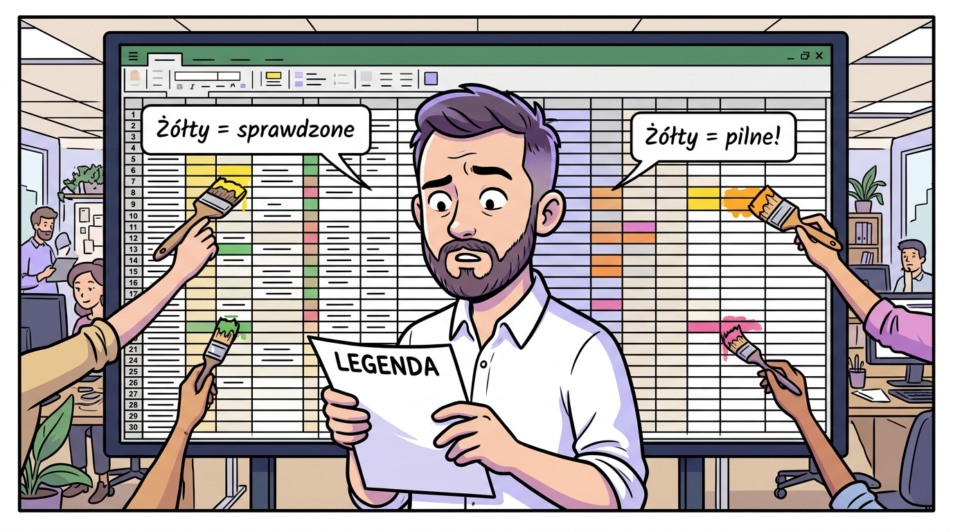 Excel w firmie i kolory komórek — każdy w zespole maluje komórki według własnej legendy, a żółty znaczy co innego