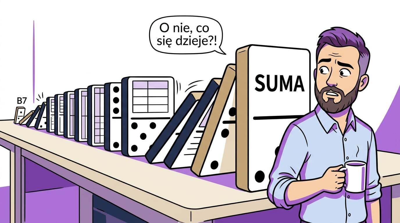 Błędy w arkuszu kalkulacyjnym — pomyłka w jednej komórce przewraca jak domino sumę na końcu łańcucha formuł