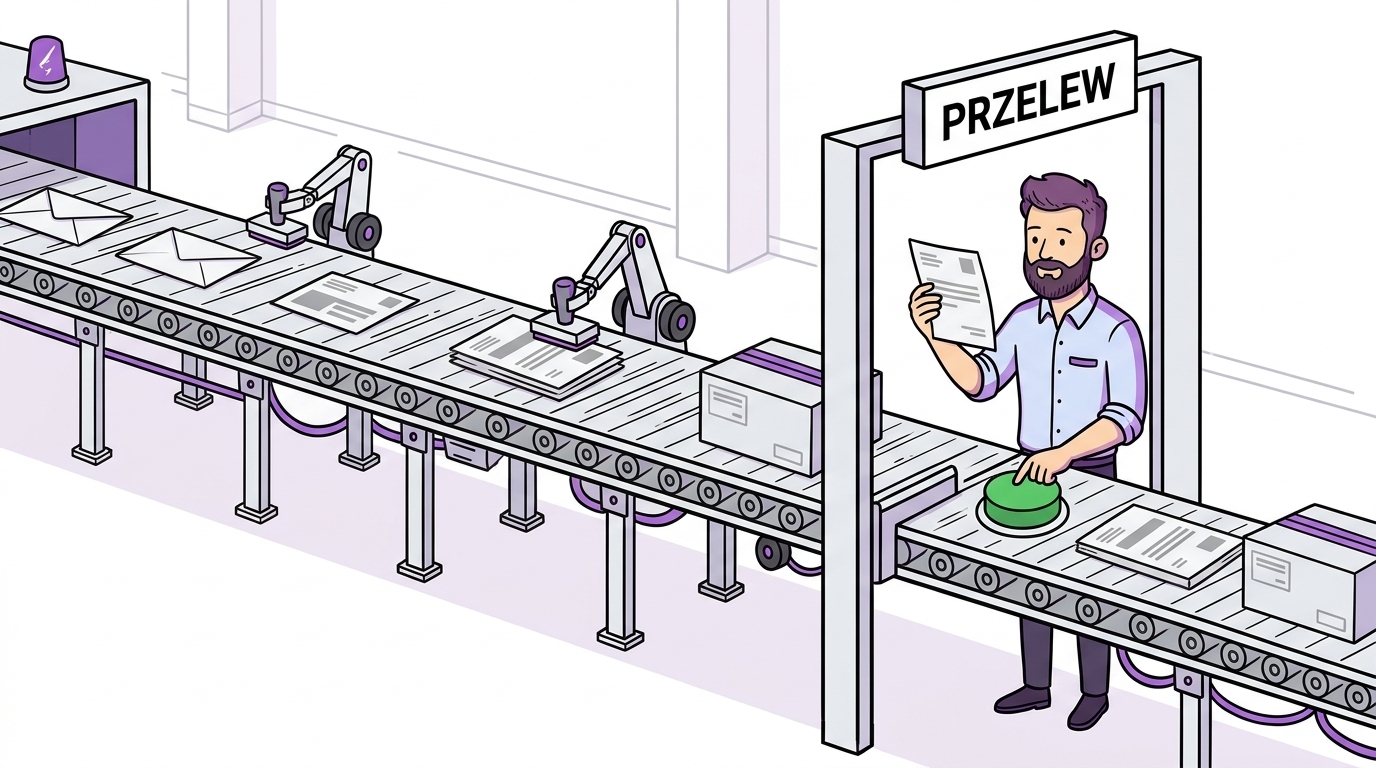 Human in the loop w automatyzacji — taśma z dokumentami jedzie sama, człowiek stoi tylko przy jednej bramce z napisem przelew