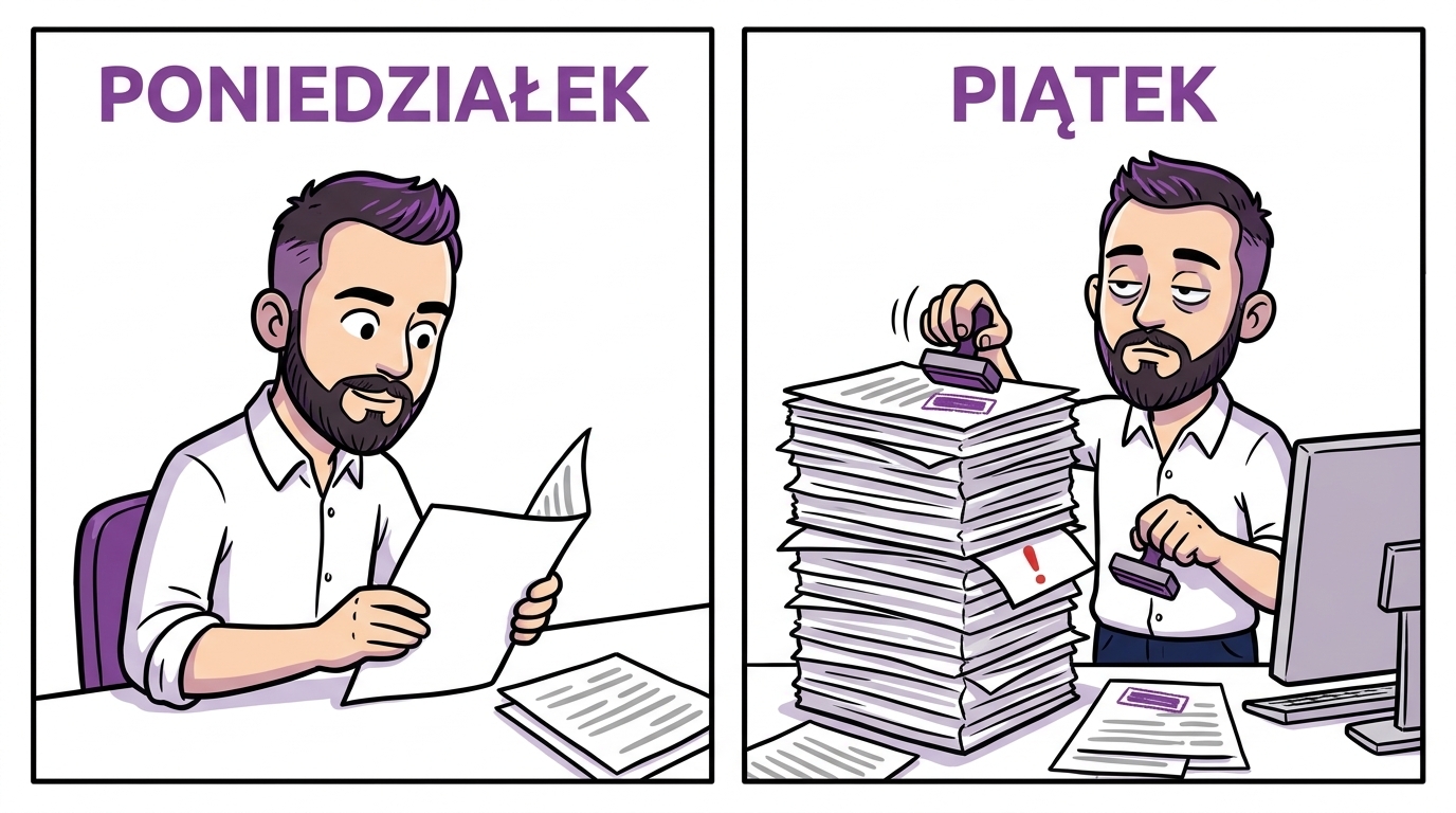 Błąd automatyzacji przy akceptacji — w poniedziałek uważne czytanie jednej kartki, w piątek bezmyślne stemplowanie stosu