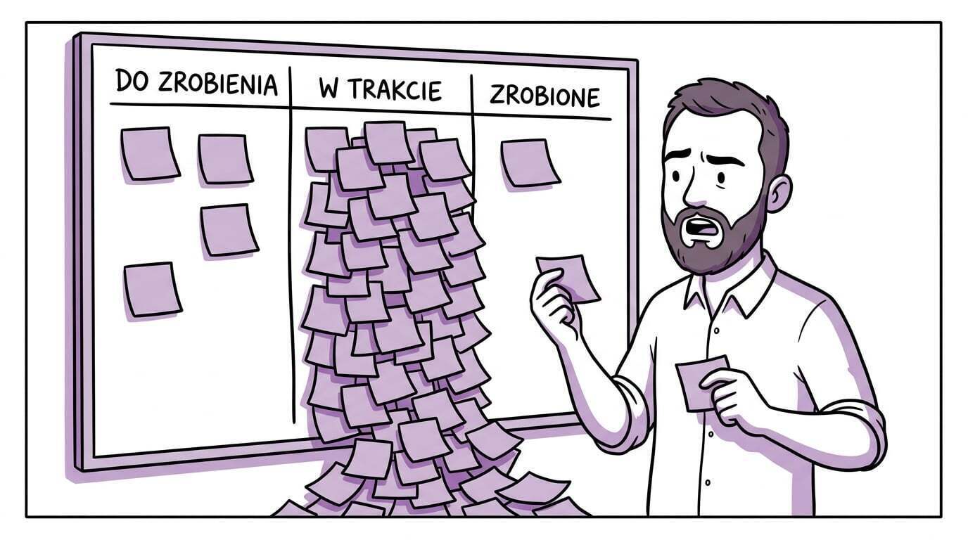 Limit prac w toku na tablicy kanban — przepełniona kolumna W trakcie, z której karty zsuwają się na podłogę