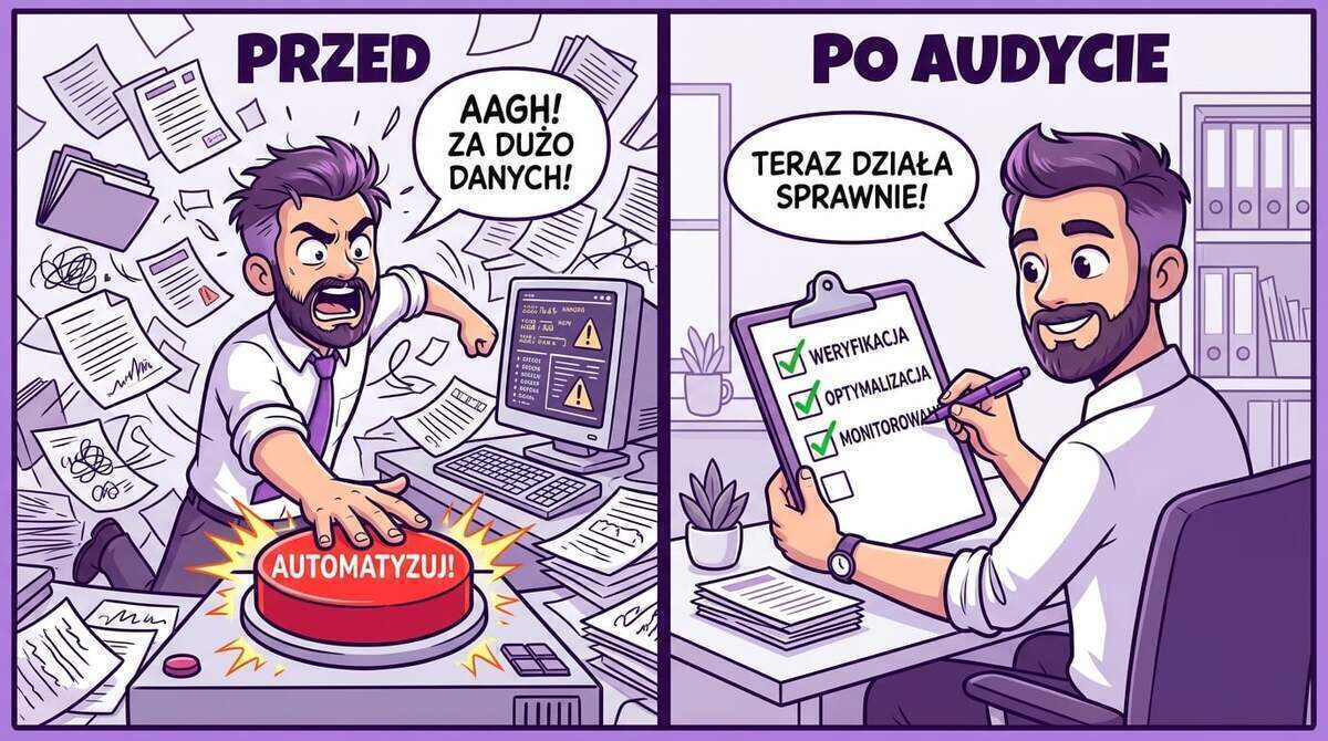 Komiks przed i po audycie automatyzacji — od chaosu do uporządkowanego procesu