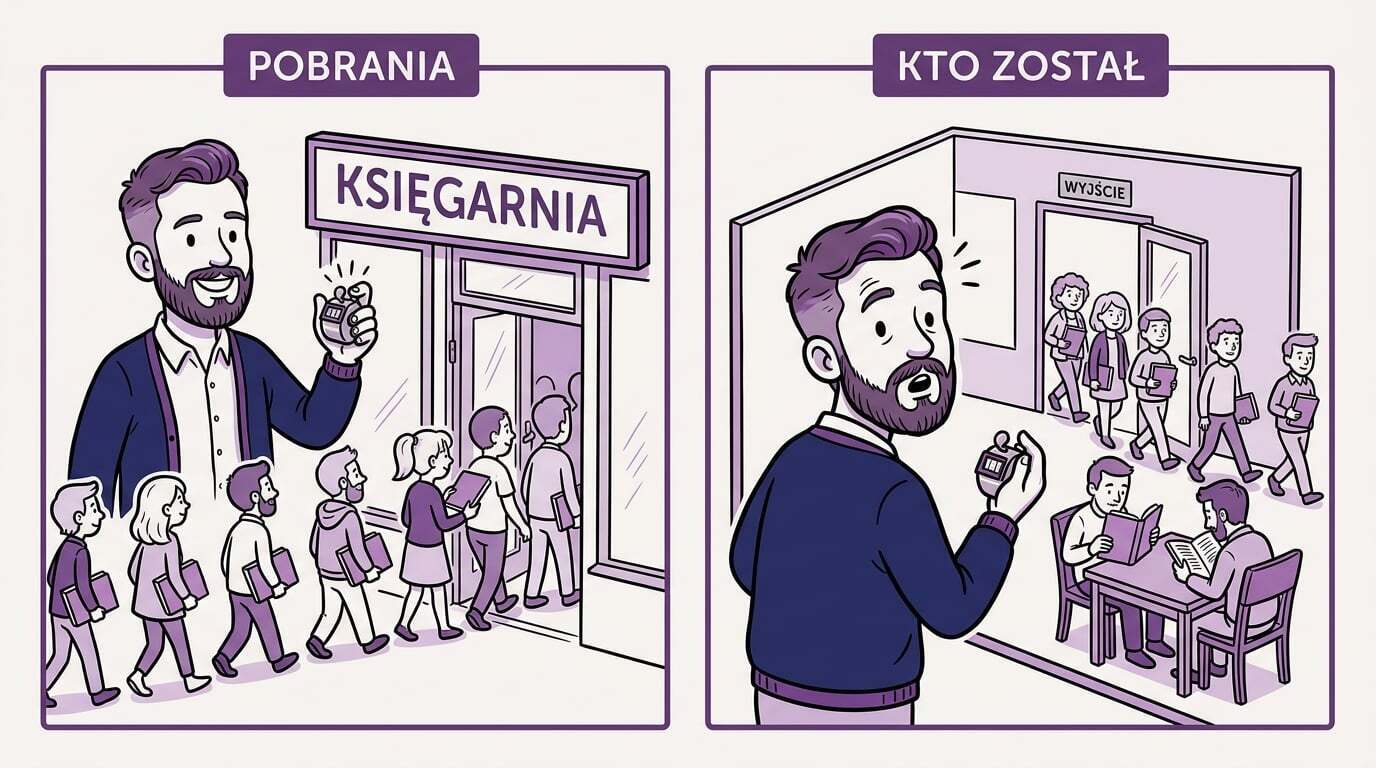 Lead magnet a lista mailingowa — licznik pobrań przy wejściu i tylne drzwi, którymi wychodzą zapisani