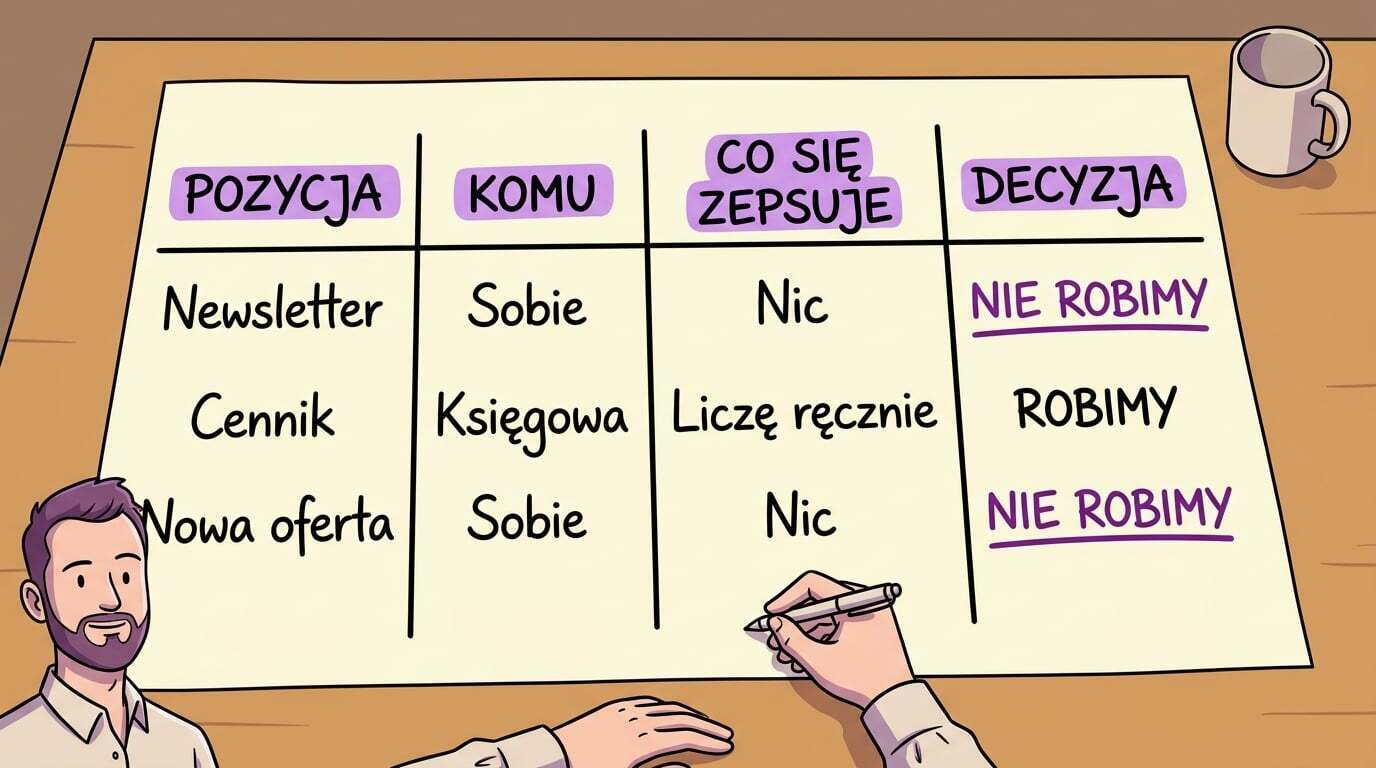 Kartka podzielona na cztery kolumny z listą zobowiązań i kolumną decyzji