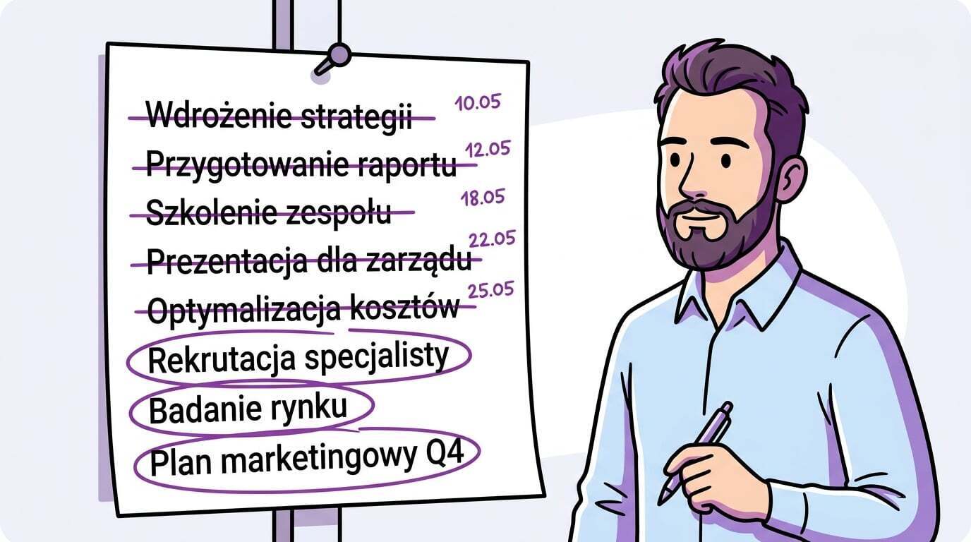 Pięć wykreślonych pozycji z datą obok trzech pozostawionych na liście kwartalnej