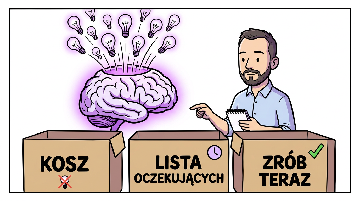 Mózg ADHD generuje pomysły jak fontanna — ilustracja triażu pomysłów do trzech koszy: kosz, lista oczekujących, zrób teraz