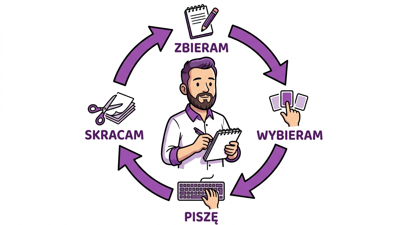 Cykl produkcji newslettera: zbieranie tematów, wybór, brudna wersja, skracanie