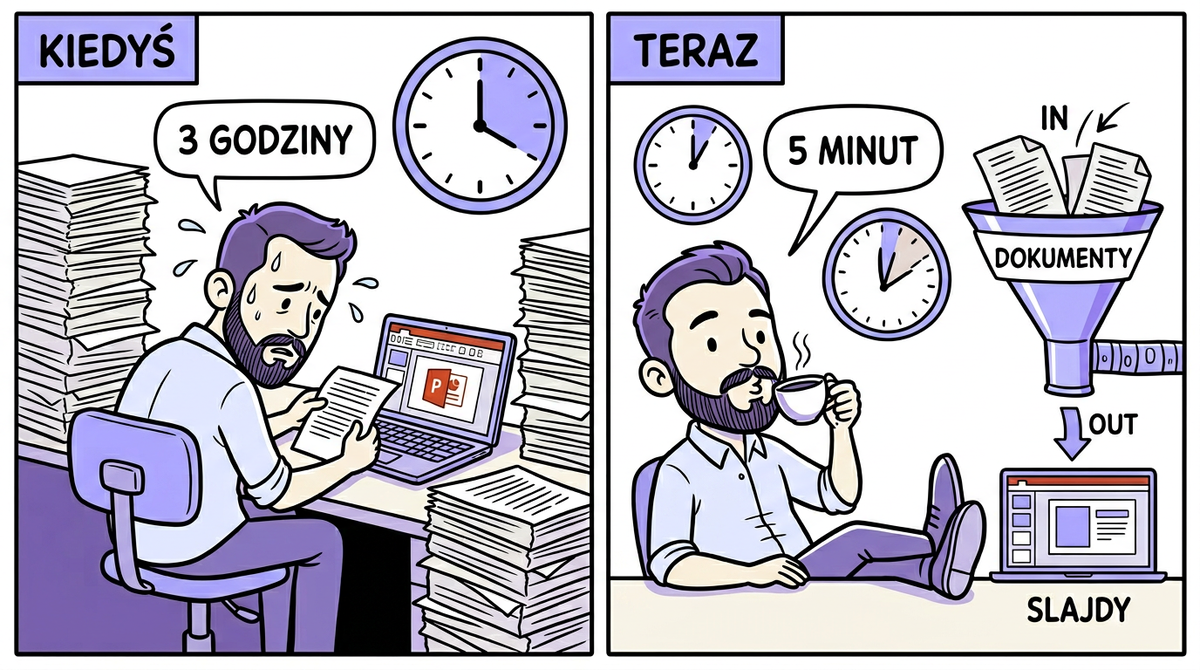 Komiks: 3 godziny ręcznego kopiowania vs 5 minut z NotebookLM — porównanie before/after