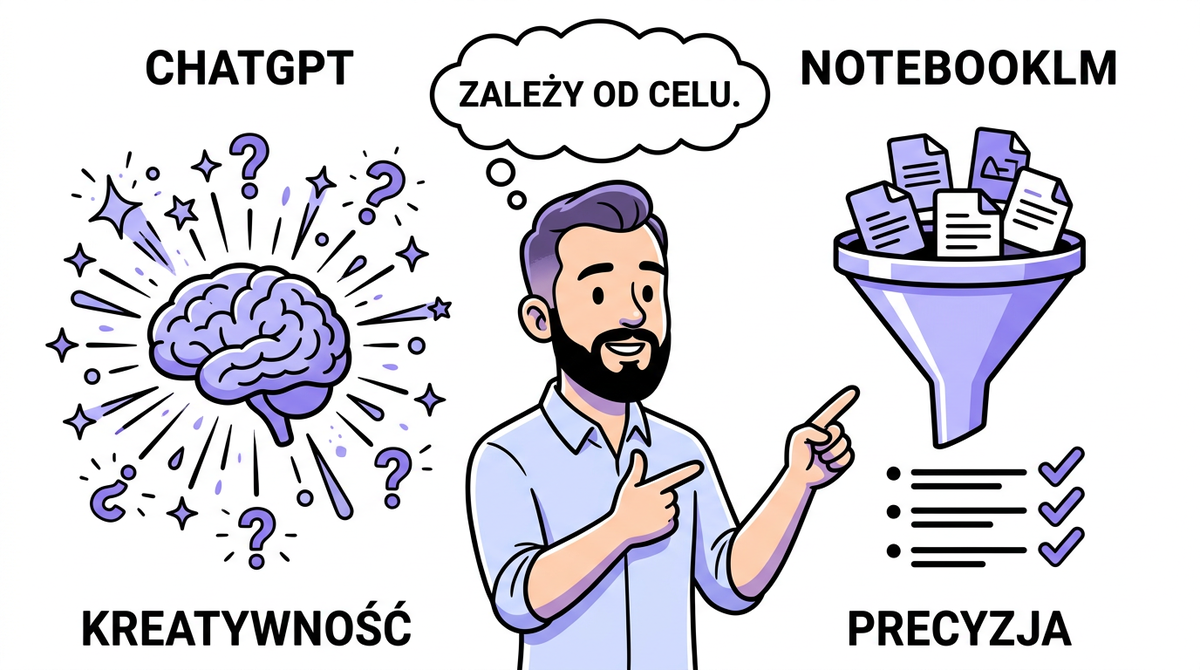 Diagram porównawczy: ChatGPT (kreatywność, halucynacje) vs NotebookLM (precyzja, source-grounded)
