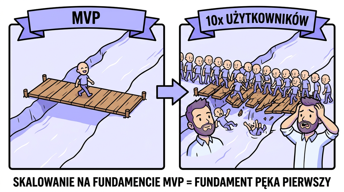 Komiks: mostek MVP wytrzymuje jedną osobę, ale pęka pod ciężarem skalowania i 10x użytkowników