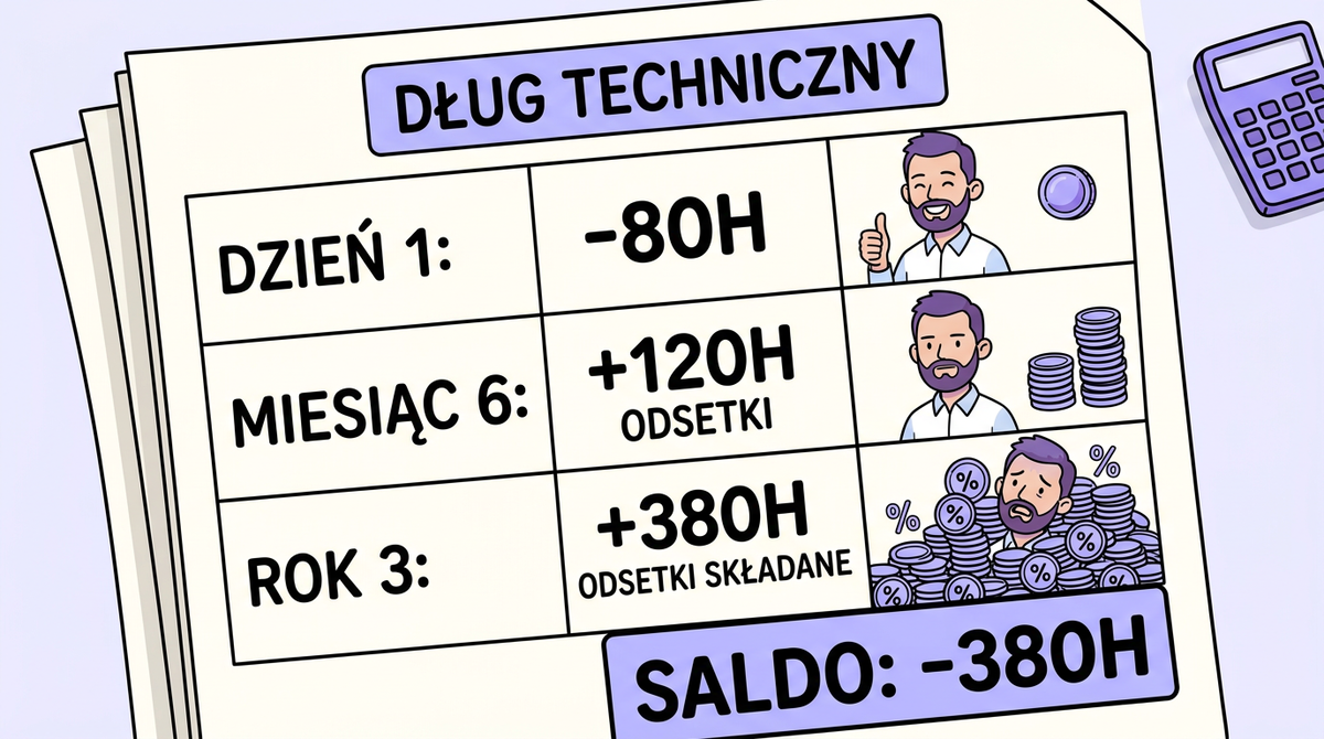 Timeline długu technicznego: z 80 zaoszczędzonych godzin rośnie śnieżka do 380 godzin poprawek przez 3 lata