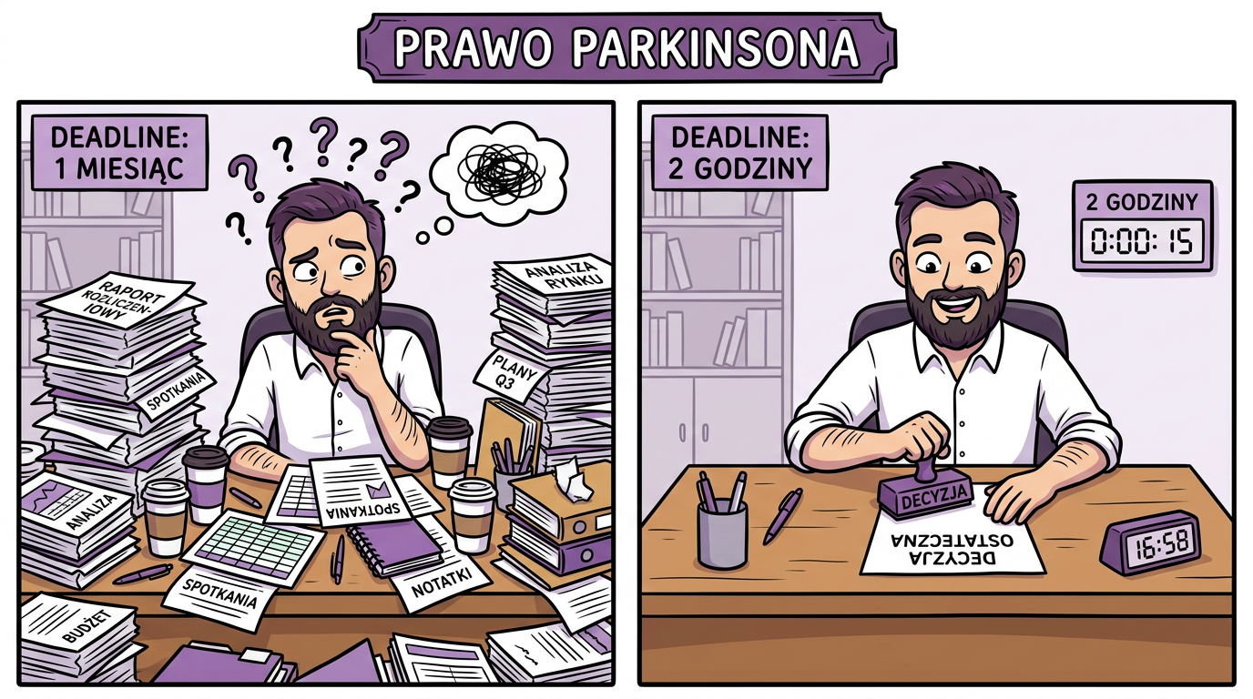 Prawo Parkinsona: deadline 1 miesiąc vs 2 godziny — te same wnioski, inna ilość zmarnowanego czasu
