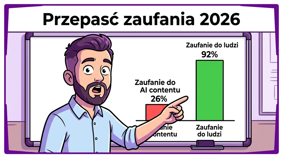 Przepaść zaufania 2026 — 26% dla AI vs 92% dla ludzi