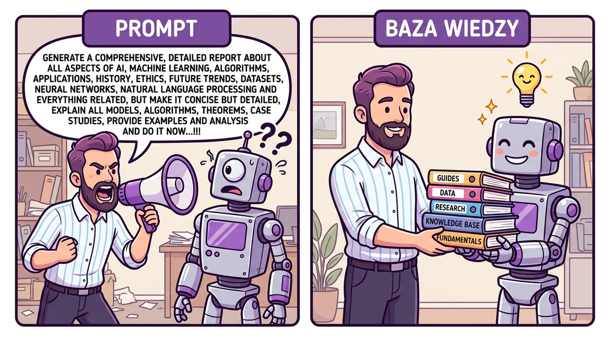Porównanie prompt engineering vs baza wiedzy — krzyczenie do robota vs przekazanie mu dokumentów