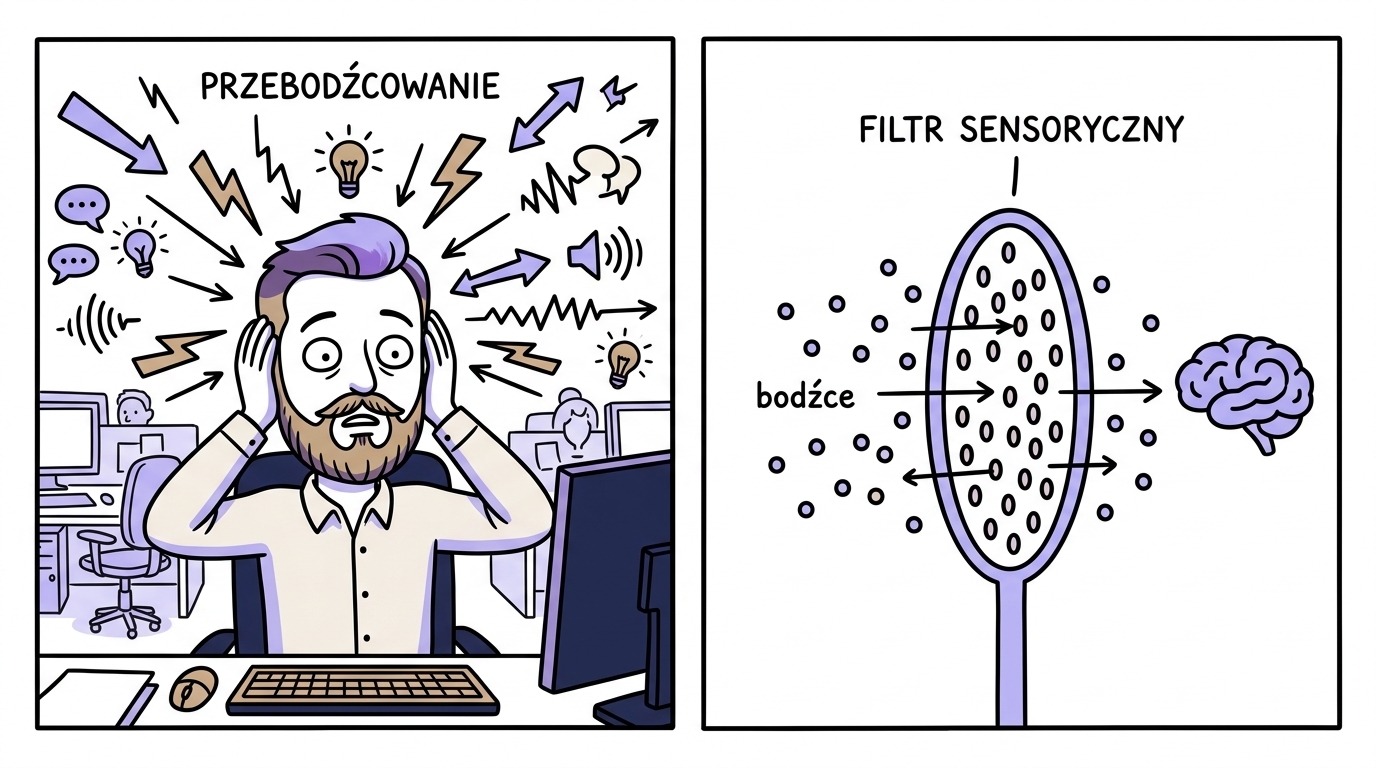 Ilustracja przebodźcowania sensorycznego — bodźce przechodzące przez dziurawy filtr sensoryczny prosto do mózgu