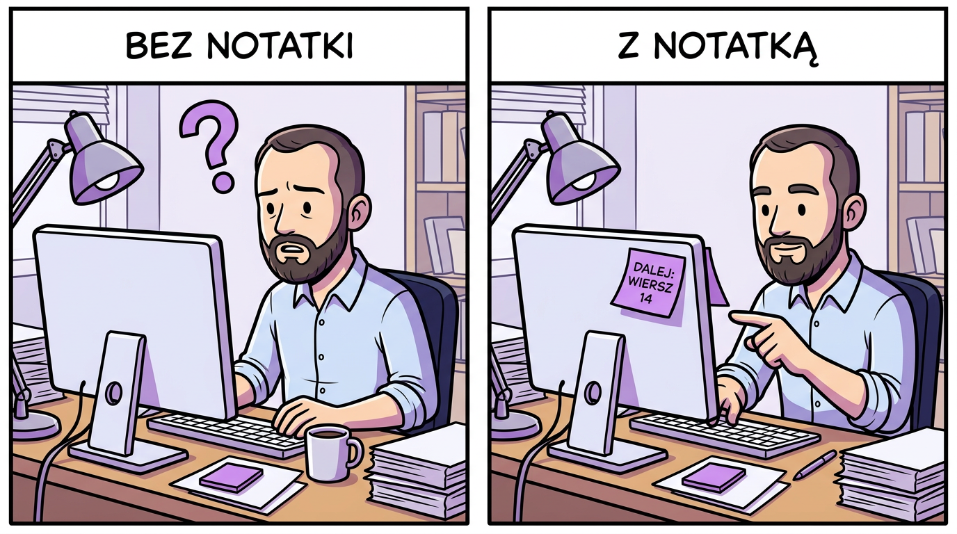 Notatka powrotna po przerwaniu w pracy: bez kartki powrót do zadania z pytajnikiem, z kartką od razu do roboty