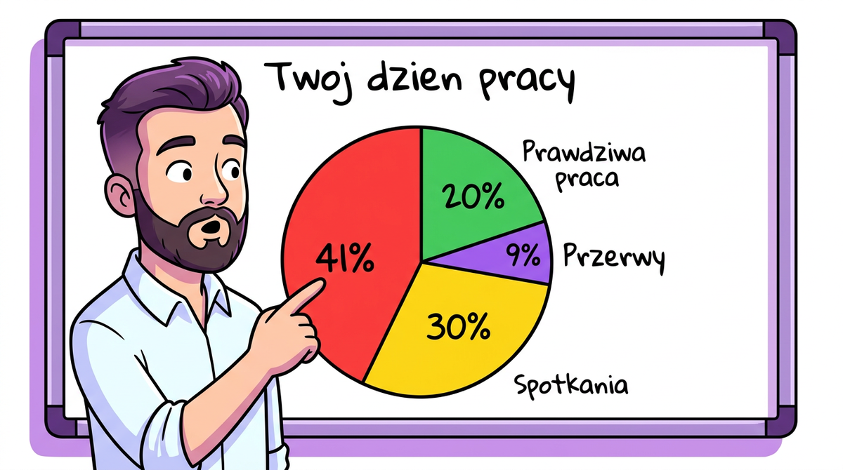 Wykres kołowy dnia pracy — 41% bez wartości, 30% spotkania, 20% realna praca