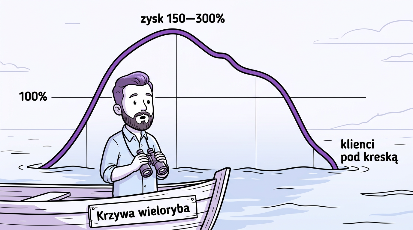 Krzywa wieloryba w analizie rentowności klienta — wykres zysku wynurza się z morza i opada pod wodę przy klientach pod kreską