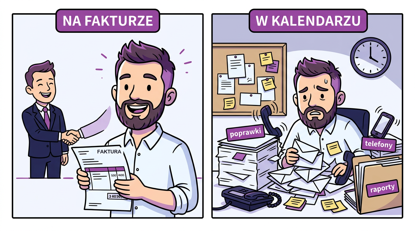 Rentowność klienta na fakturze i w kalendarzu — zadowolenie z dużego zlecenia, potem stos poprawek, telefonów i raportów