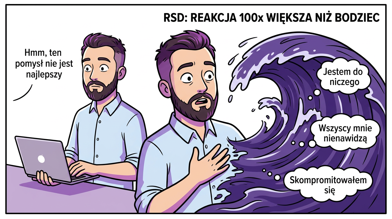 Diagram pokazujący dysproporcję między bodźcem (krytyka) a reakcją RSD u osoby z ADHD