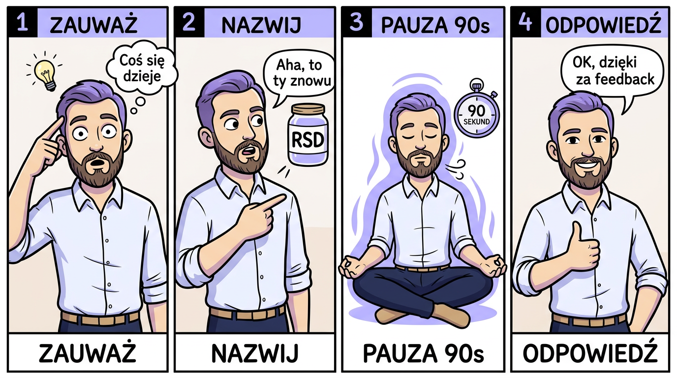 Czteropanelowy komiks pokazujący protokół reakcji na atak RSD: zauważ, nazwij, pauza 90 sekund, odpowiedz