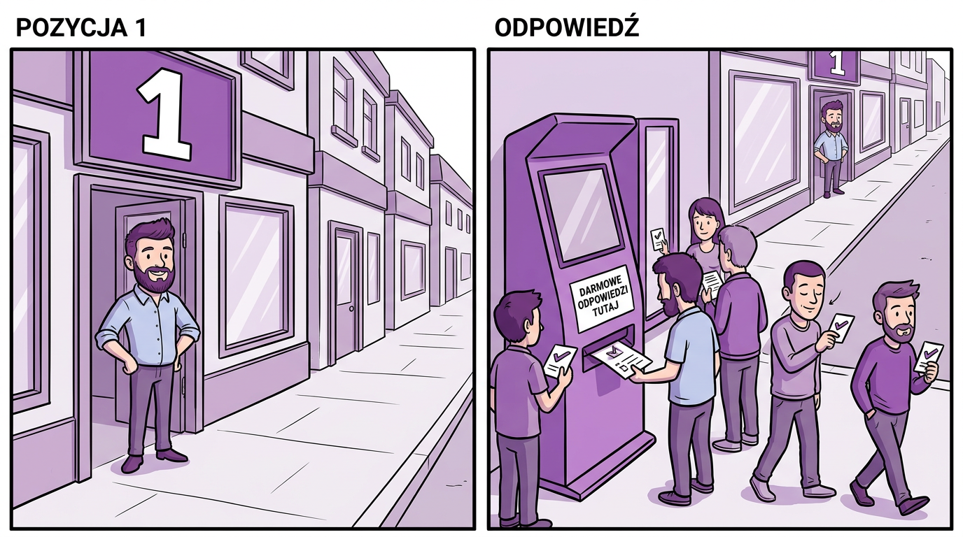 Spadek ruchu z Google przy tej samej pozycji — sklep stoi na pierwszym miejscu ulicy, a kiosk z odpowiedziami zawraca przechodniów